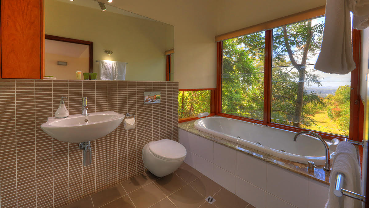 Montville accommodation bathroom with garden views