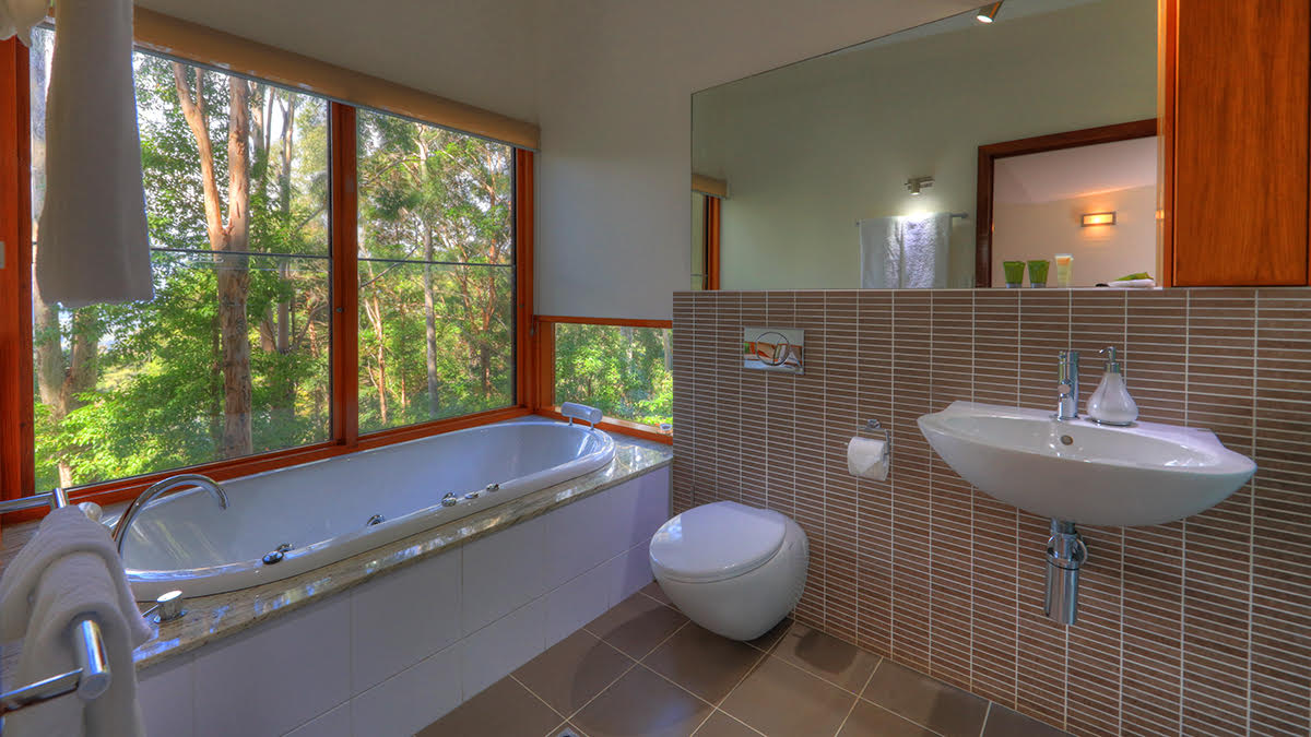 Montville accommodation bathroom with rainforest outlook
