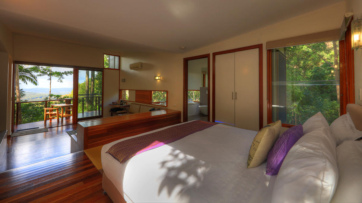 Montville accommodation luxury bedroom with rainforest views